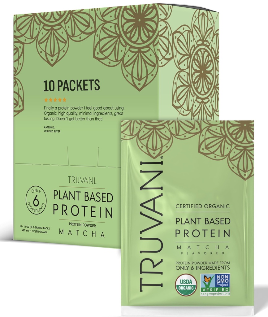 Truvani Vegan Pea אבקת חלבון | Matcha | 20g אורגני צמחי מבוסס חלבון | Single Serve Packets | 10 Serves | Keto | Gluten & Milk Free | Low Carb | לא תוספת סוכר