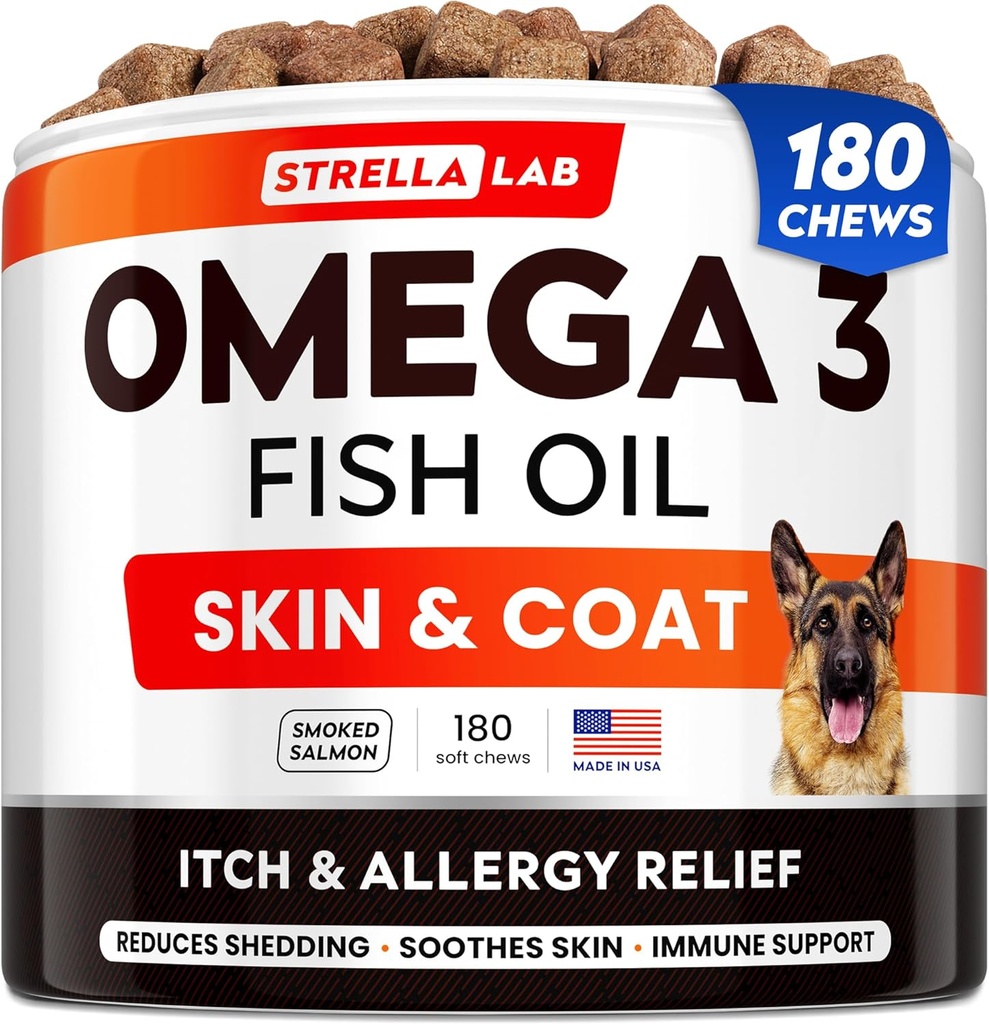 StrellaLab אומגה 3 עבור כלבים - (180Ct) שמן דגים טיפול - Allergy & Itch Relief Skin & Coat תוסף - יבש Itchy Skin, Anti Shedding & Hot Spots Treatment - Pet Salmon Oil Chews - Smoked Salmon Flavor Flavor