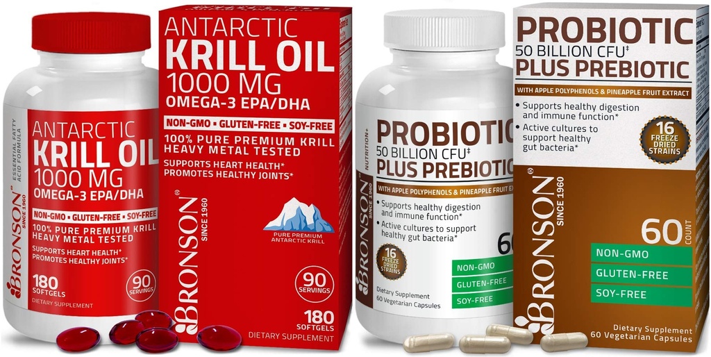 ברוונסון פרוביוטיקה 50 מיליארד CFU + Prebiotic עם Apple Polyphenols & Pineapple פירות אקסטרcאנטארקטי שמן קריל 1000 מ"ג עם אומגה 3 EPA DHA