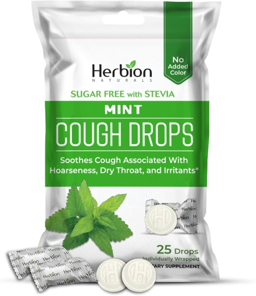 HERBION Naturals Cough Drops, Sugar-Free עם Stevia, Dietary Supplement, Soothes Cough, עבור מבוגרים וילדים מעל 6 שנים, 125 טיפות (Pack of 5), Mint