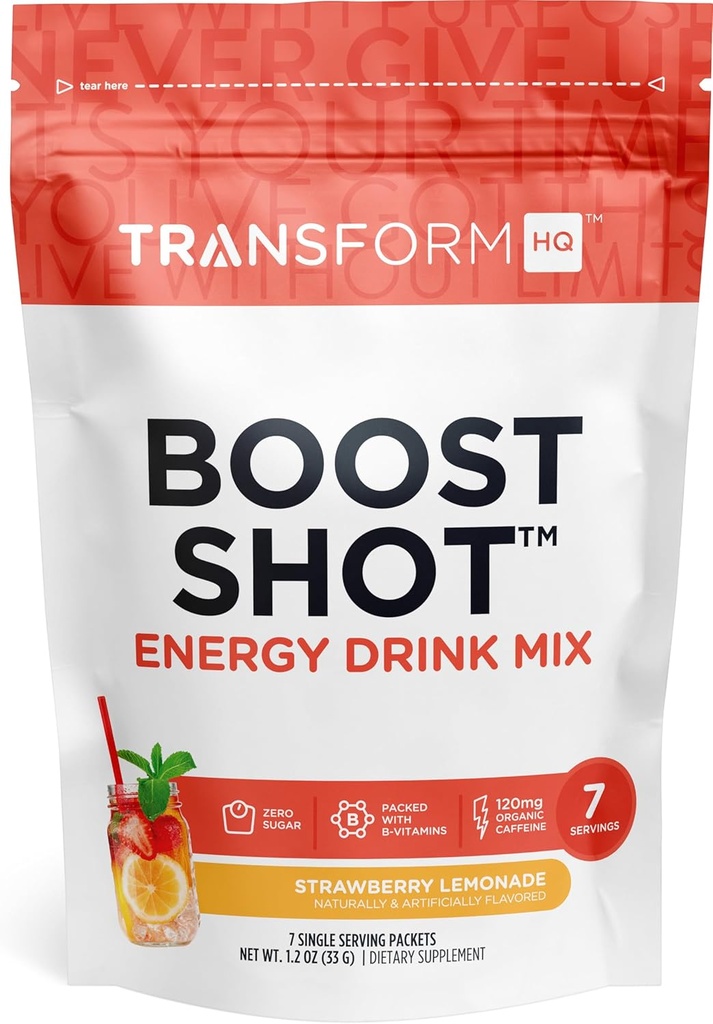 TransformHQ Boost Shot אבקת משקאות Stick Packets, Strawberry Lemonade, 7 Pack, תוספי אנרגיה לנשים וגברים, עם קפאין, ויטמין B12, B6 & B3