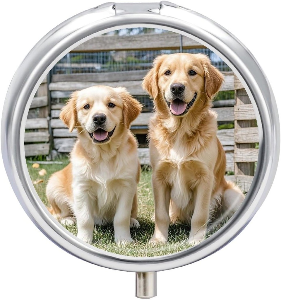 Round Pill Case 3 השוואת שיער גולדן Retriever כלבים Puppies חיות מחמד Pill Box Mini Medicine Pill מארגנת Portable Travel Pillbox עבור Pocket Purse Metal Pill Container עבור ויטמינים שמן שמן תוספי שמן דגים
