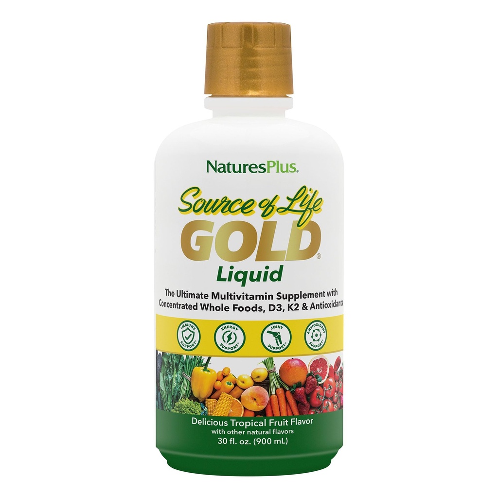 NaturesPlus Source of Life Gold Multivitamin נוזלי 30 oz תומך בייצור אנרגיה, מערכת החיסון בריאה ו- Well-Being כוללת ויטמין D3, B12, K2 & מעל 120 חומרי מזון מלאים - 30 משרתים