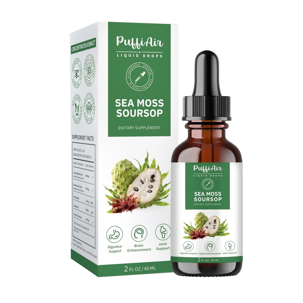 PUFFIAIR Soursop (Graviola) & Sea Mossss נוזל טיפות עבור תמיכה תאים והתחדשות, Immune Boost, להירגע, Liver ושינה, Herbal Extract, סוכר / gluten חינם, Natural Flavor, 2 Fl Oz / 60 מ"ל