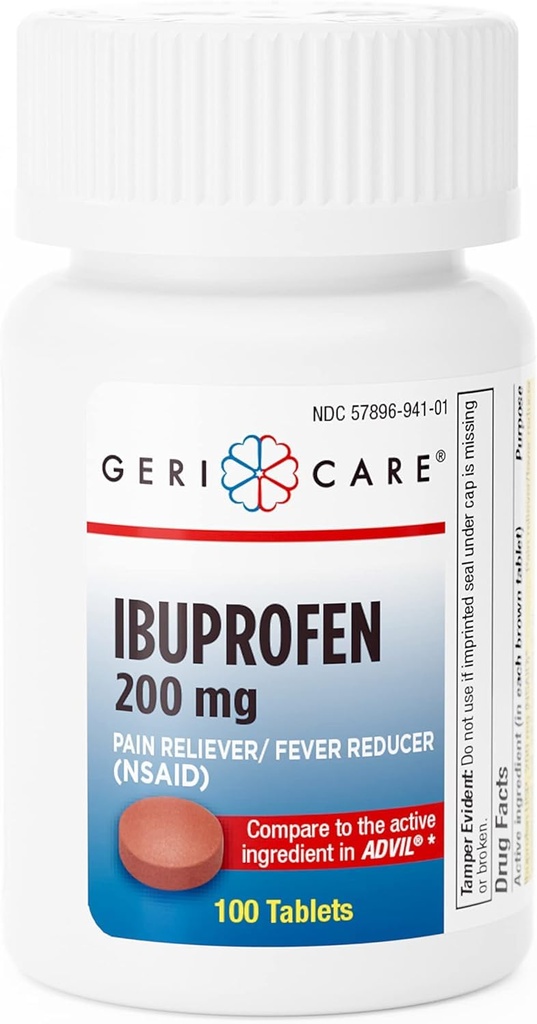 GeriCare Ibuprofen 200 מ"ג כאב Reliever ו Fever מקטין - טבליות עבור כאבי ראש, קרקרים, Toothaches, ו- Joint Pain 100 Count (Pack of 1)