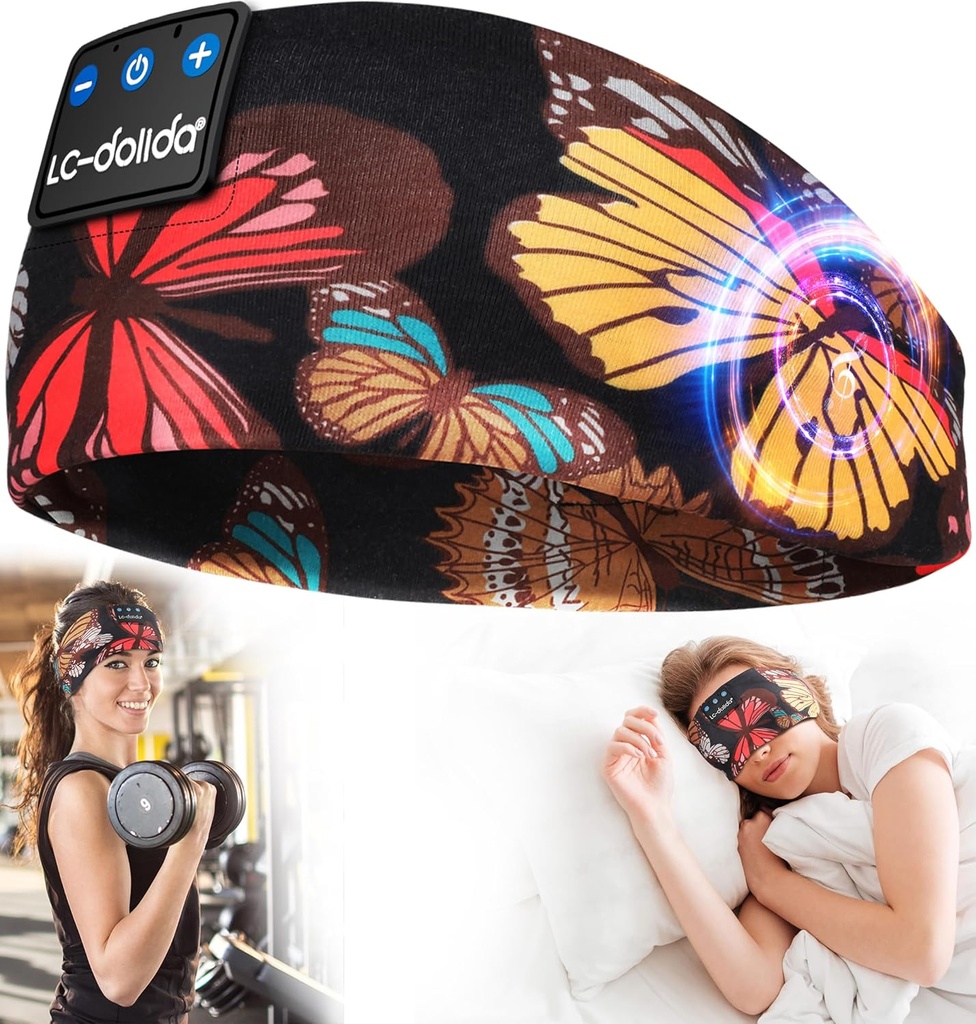 LC-dolida Sleep Headphones Headband Bluetooth 5.4, אוזניות ראשיות ספורט אלחוטיות עם רמקולים Microphone USB C לנשים Sleep Giftout Jogging Yoga Insomnia Travel Meditation, Butterfly Headband