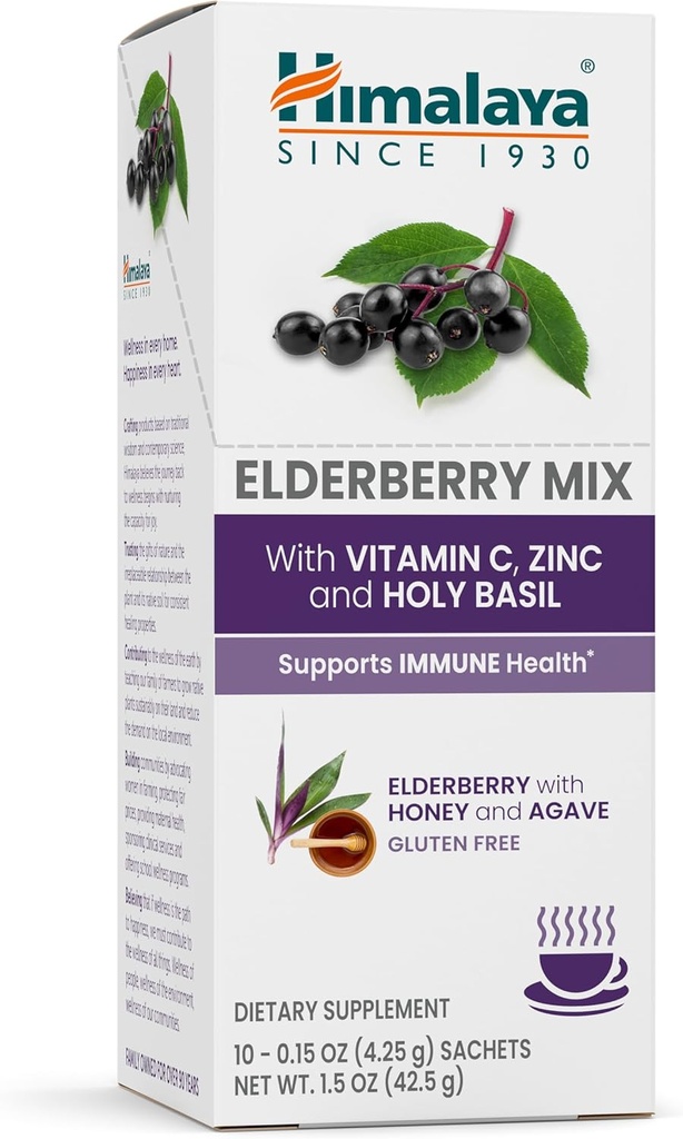 ההימלאיה Elderberry Mix, Drink Mix תוסף, Immune Support with Elderberry, Zinc, ויטמין C ובזיל הקדוש, Caffeine חינם, 10-0.15 oz (4.3 גרם) Packets, Easy to Mix, Gluten Freeten Freeten