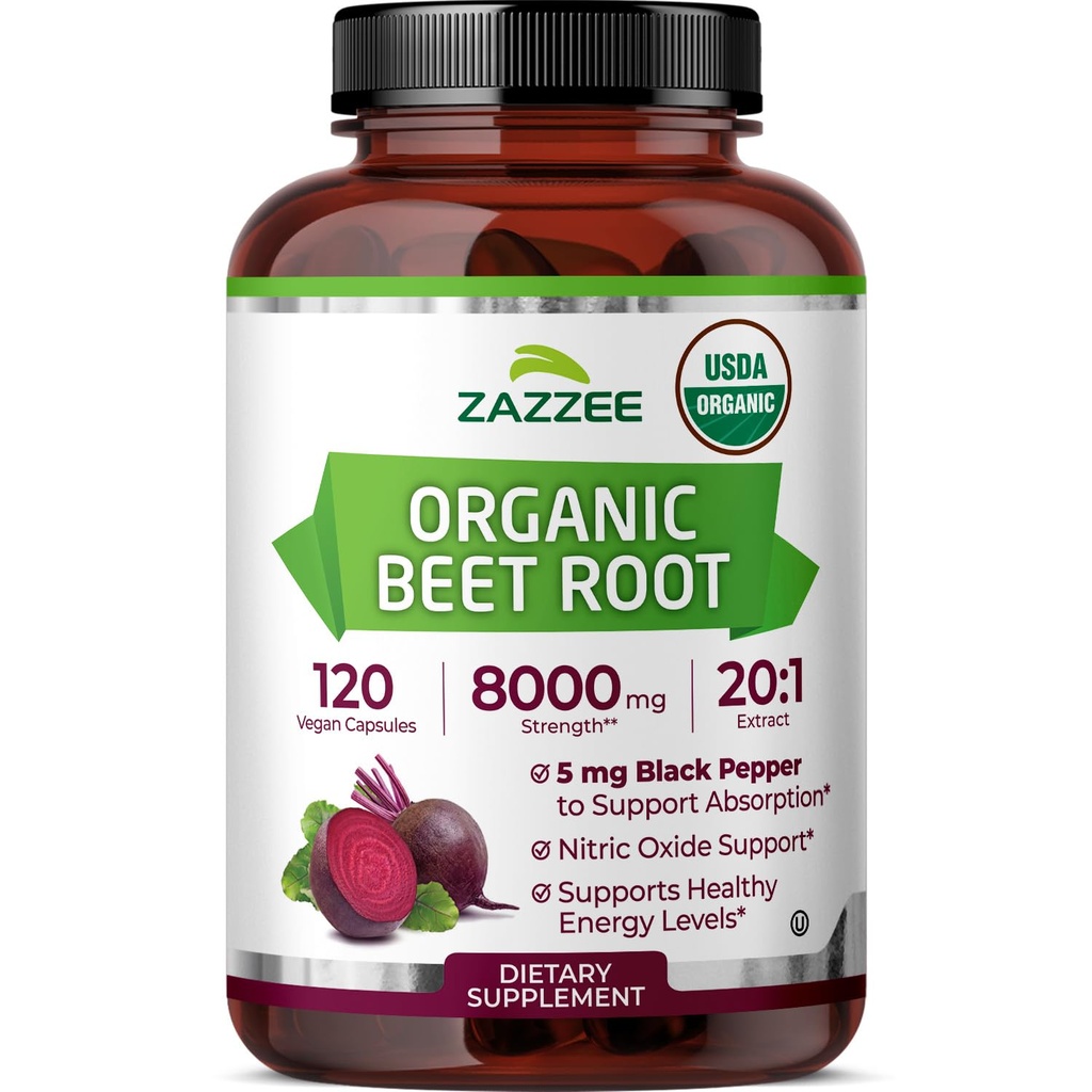 Zazzee USDA אורגני Beet Root 8000 מ"ג כוח 20:1 לחלץ, 120 קפסולות שחרור מהיר טבעוני, Black Pepper Extract for Enhanced Absorption, תומך בייצור Nitric Oxide, Non-GMO, מיוצר בארצות הברית