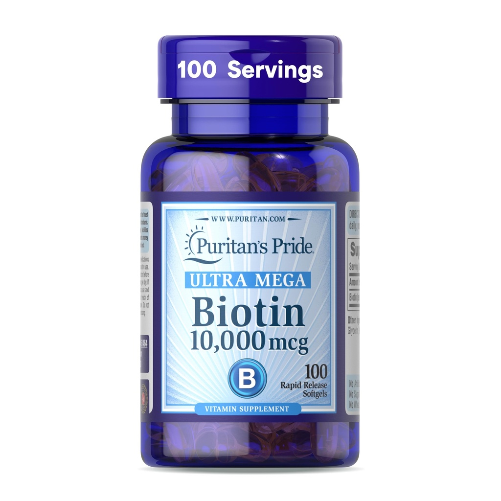 גאווה של Puritan Ultra Mega Biotin 10,000mcg, תוספת תזונתית לשיער בריא, עור, ציפורניים, אנרגיה metabolism תמיכה, 100 יום אספקה, 100 מהיר לשחרר Softgels