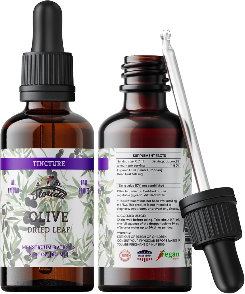 נוזל זית אורגני Leaf Tincture, אוליבפלט נוזלי (Olea Europaea) Dried Leaf Herbal תוסף, non-GMO ב- Cold-Pressed אורגני ירקות Glycerin, 700 מ"ג, 2 oz (60 מ"ל)