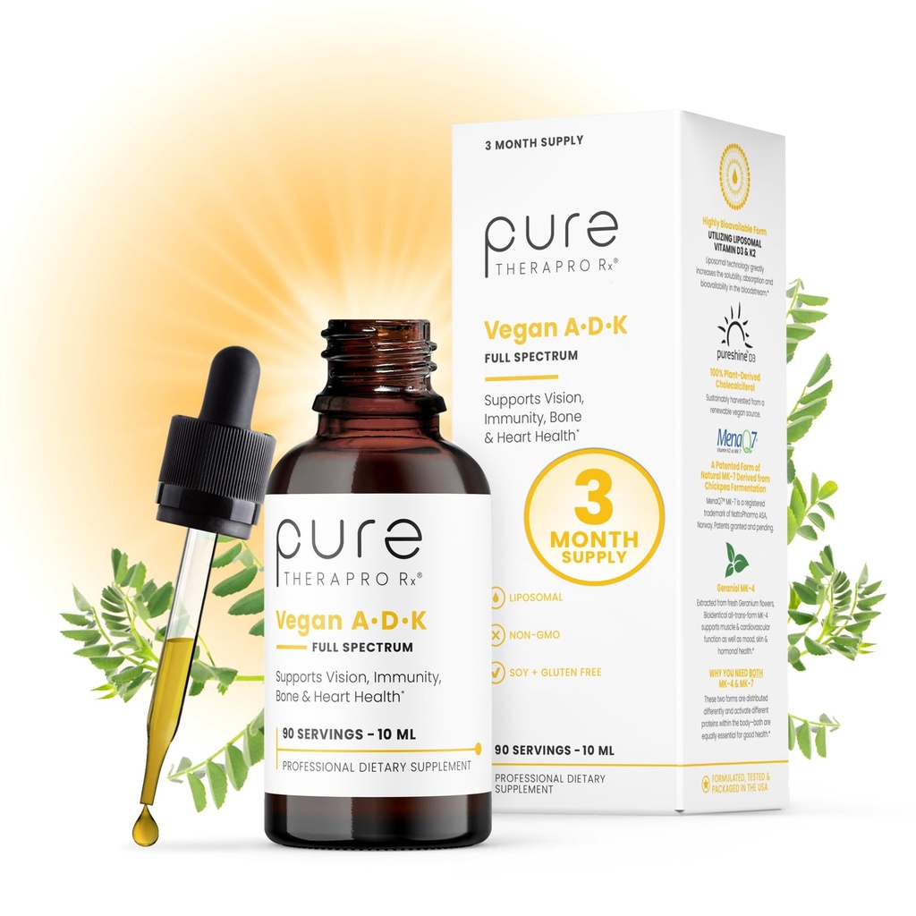 Pure Therapro Rx טבעוני A-D-K טיפות 10 Ml, המיוצר בארה"ב | 3 חודשים אספקה | ויטמין A (PAmitate), Liposomal ויטמין D3 (Pureshine), Liposomal ויטמין K2 (MK-4 & MK-7) תומך ב- Immunity & Bone Health