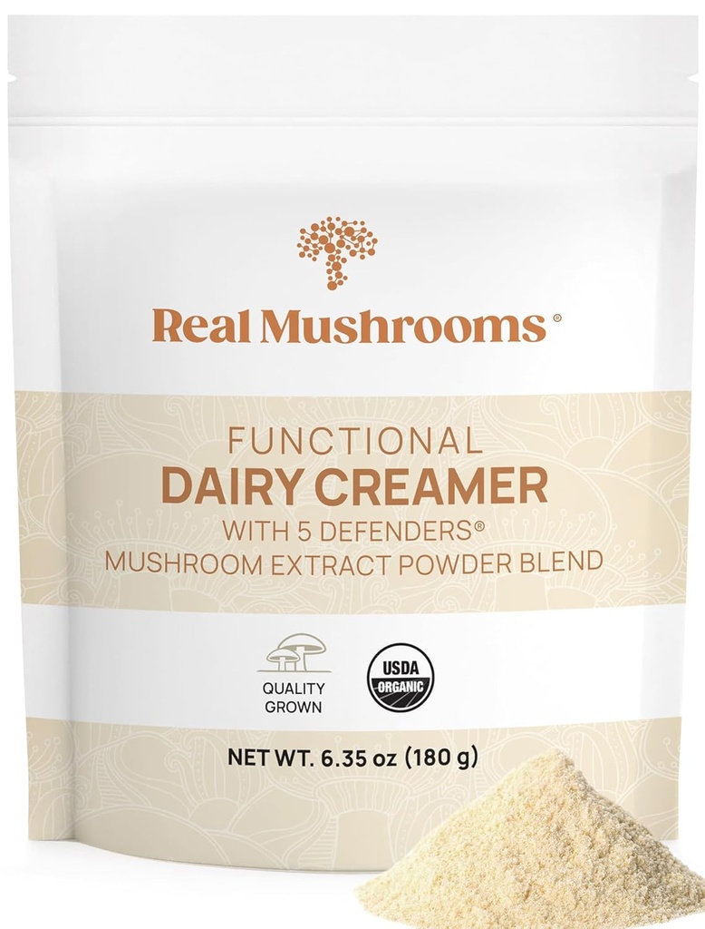 Real Mushrooms Functional Milk Creamer with Mushroom Extracts - Sweeted with Organic Lucuma & Maple אבקה - קרם אורגני פונקציונלי - 90 מנות, תה, Smoothie & קפה אבקת אבקת