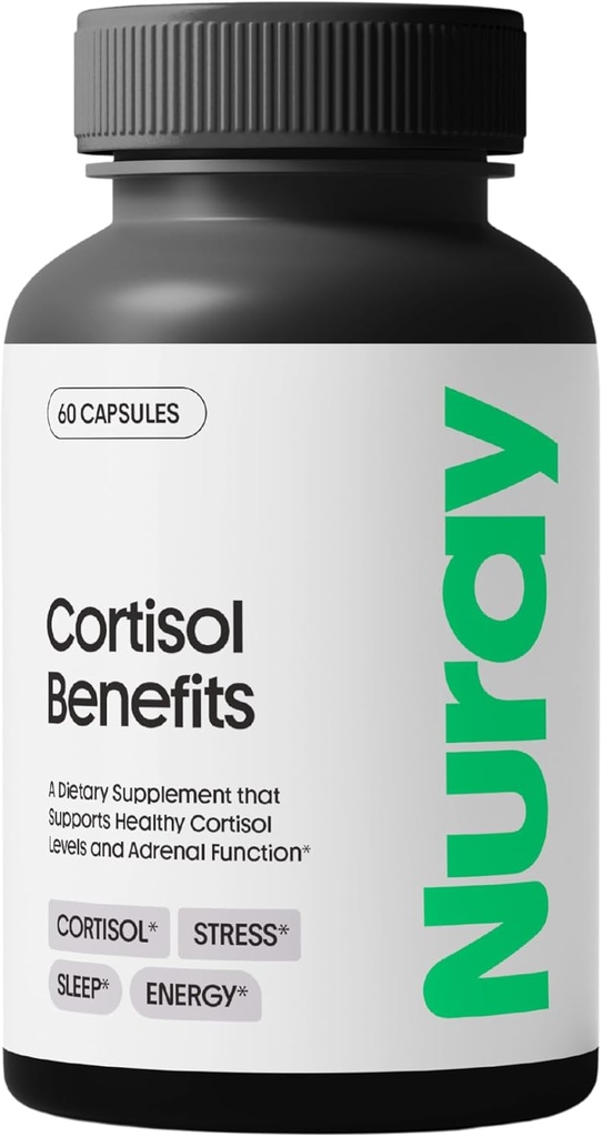 Nuray Cortisol הטבות תוספת - תמיכה Adrenal עם Rhodiola Rosea תוסף, Ashwaghanda - Gluten-Free, Vegetarian, מקדם אנרגיה - 60 קפסולות