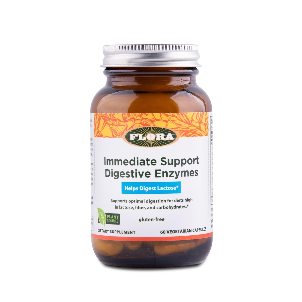 פלורה - Immediate Support Digestive Enzymes - תמיכה Lactose Digestion, Bloating, Heartburn & Gas - מכיל 7 Enzymes - Gluten-Free - 60 קפסולות צמחוניות