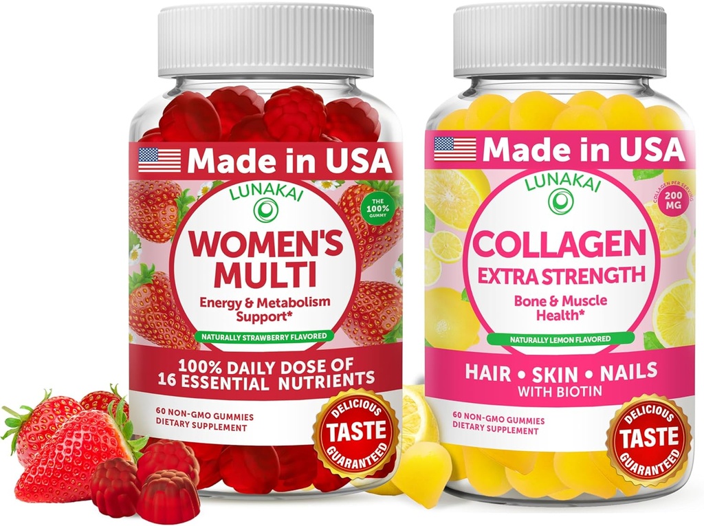 לונהקאי נשים Multi and Collagen Gummies Combo - All-Natural Supplements, Gluten-Free, No Corn Syrup 60 ct Collagen and 60 ct Women's Multivitamin - 30 יום אספקה