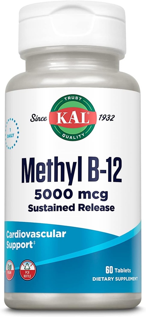 KAL ויטמין B12 Methyhydrobalamin 5000mcg, אנרגיה בריאה, Metabolism, Nerve & Red Blood Cell Support, * Fast Dissolve Activ Melts, Optimal Absorption, Natural Raspberry Flavor, 90 משרתים, 90 מיקרו טאבס