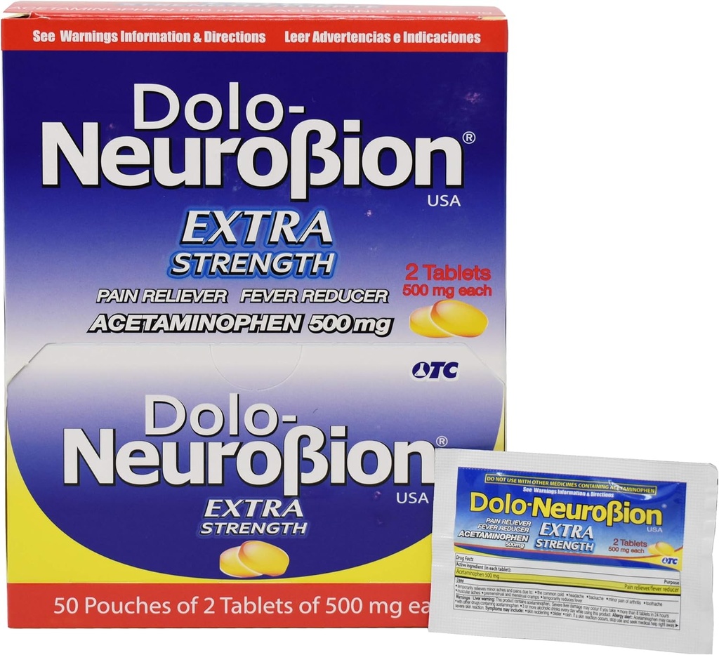 Neurobion Dolo Pain Reliever, Fever צמצם, כוח נוסף, Fuerte, Alivia el Dolor, להפחית la Fiebre Dispenser 50 x 2 טבליות
