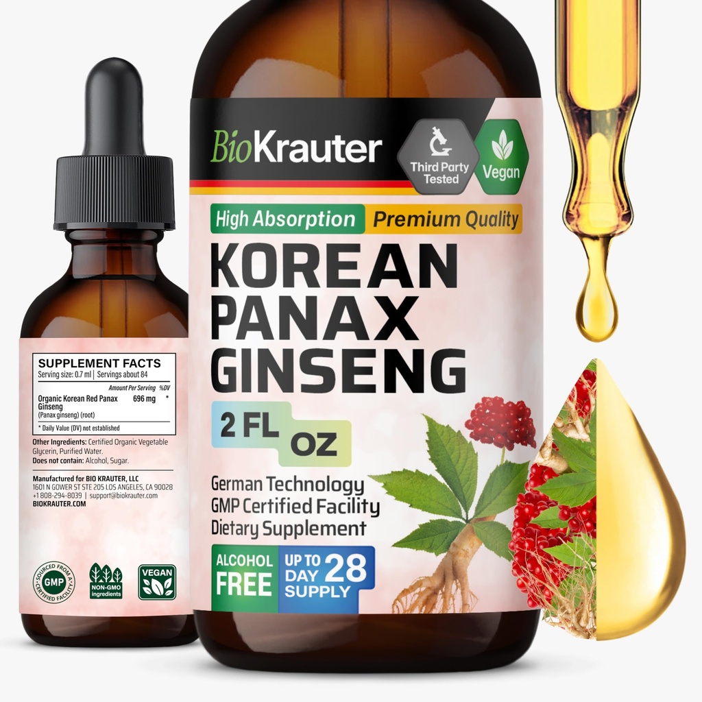 BIO KRAUTER Panax Geneseng לחלץ נוזל - קוריאני Red גינזנג תוספת אלכוהול חינם - תמיכה כספית - טבעוני, סוכר חינם - 2 Fl.Oz.
