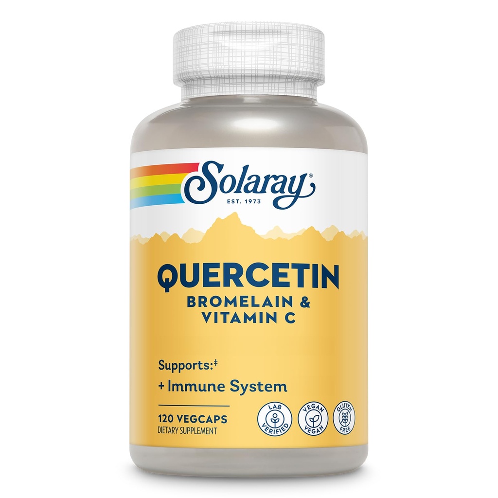 SOLAרי Quercetin עם Bromelain ו ויטמין C - Immune Support Supplement - Antioxidant and Heart Health Complex with Quercetin 500 מ"ג ו 1235 מ"ג VIT C - טבעוני, 60 ימים ערבות, 60 הגשה, 120 VegCapss