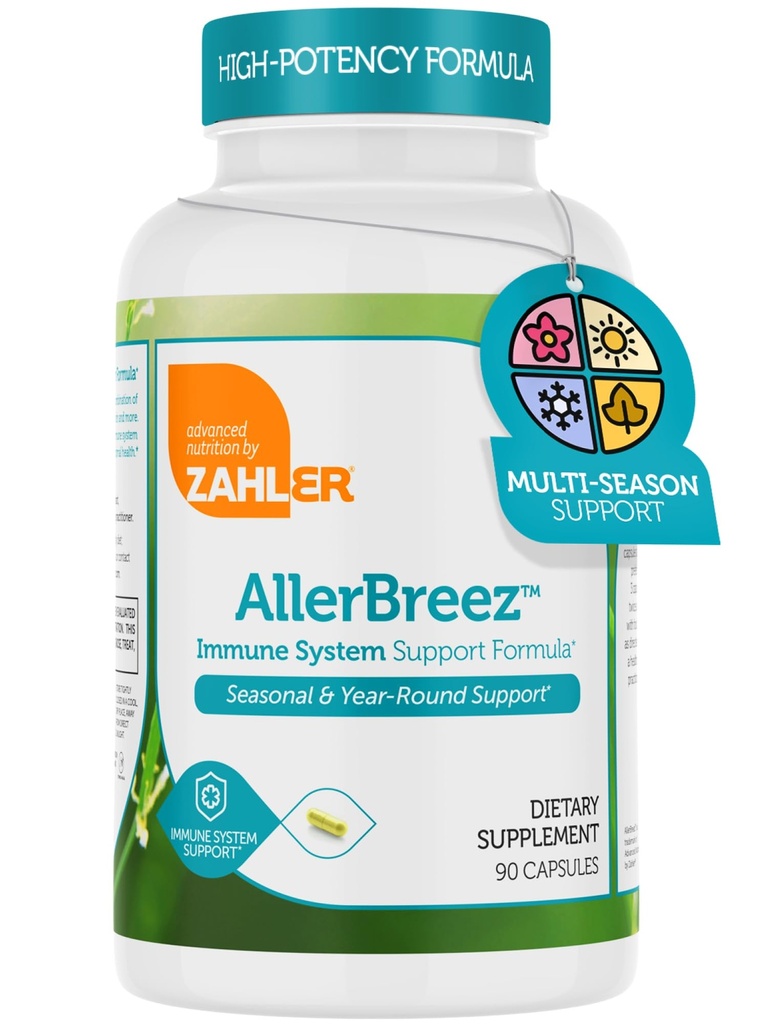 Zahler AllerBreez Immune System תומך פורמולה עם ויטמין C, Quercetin, ויטמין B5, MSM & Sting Nettle - Seasonal & Year-Round Immune Support Supplement, Dhist Allergy (90 קפסולות)