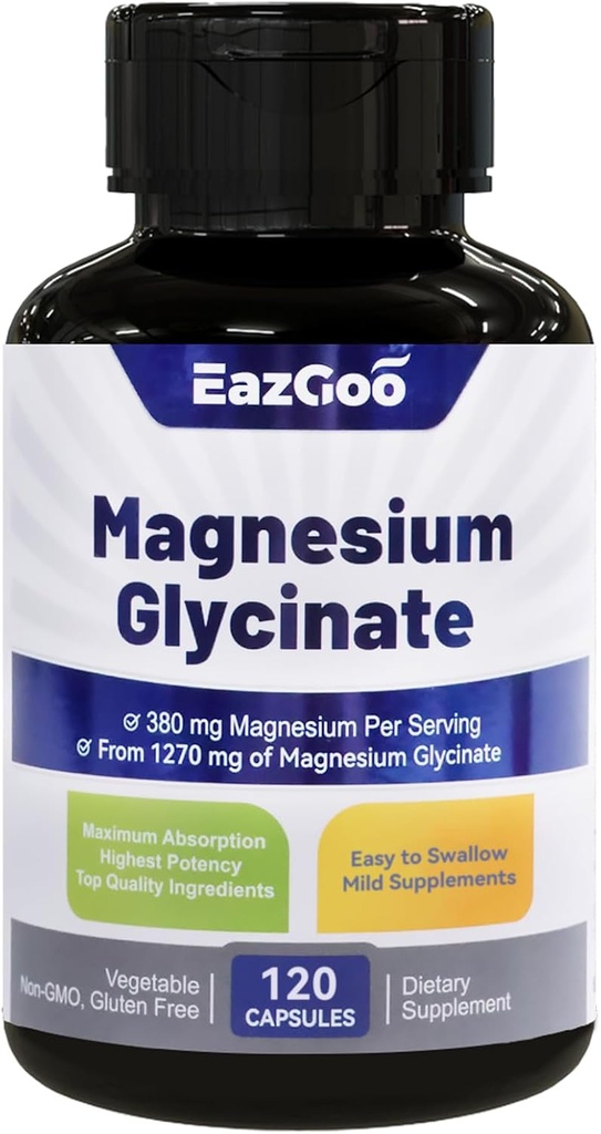 מגנזיום Glycinate קפסולות 1270 מ"ג, 380 מ"ג מגנזיום תוסף, גבוה Absorption Magnesium Glycinate תוסף, non-GMO No Gluten, 120 קפסולות