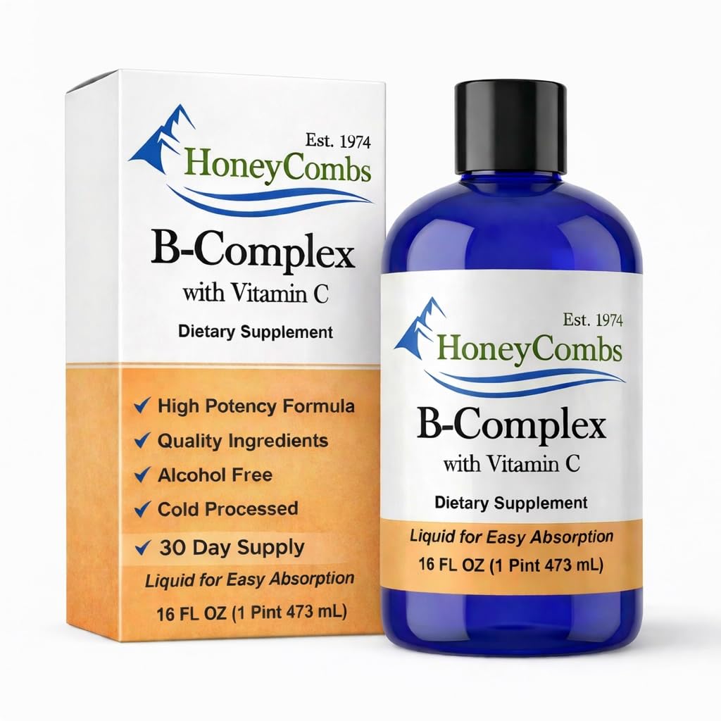 HoneyCombs ויטמין B Complex Drops - תוספת נוזלית עם ויטמין B1, B2, B3, B5, B6, B7, B12 & ויטמין C - Super B Complex ויטמינים - ויטמין נוזלי ללא אלכוהול, 16 Fl Oz.