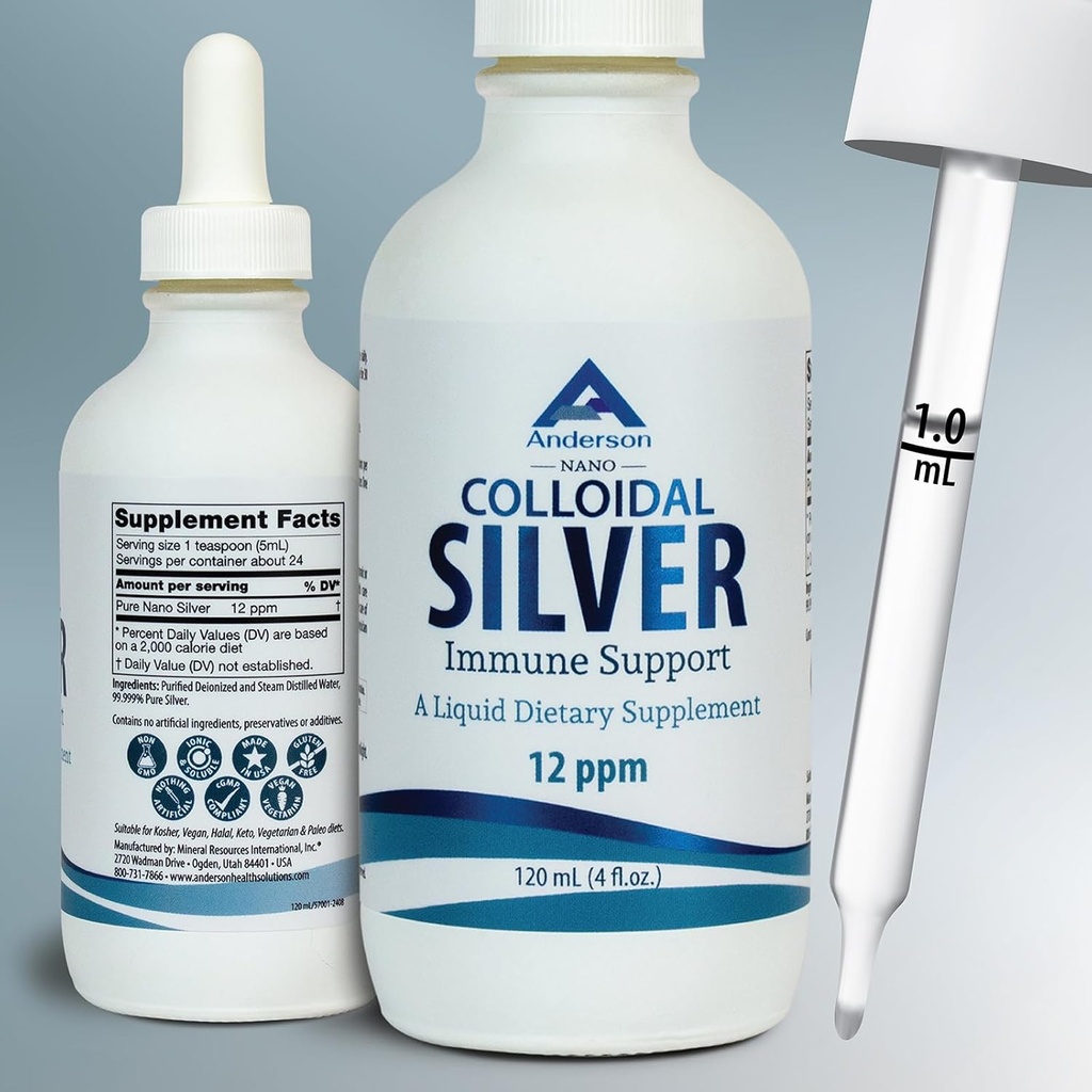 Nano Colloidal Silver Liquid for Immune Support, 12 PPM Deionized Silver, 4 Oz Glass בקבוק עם Measuring Dropper, 24 משרתים