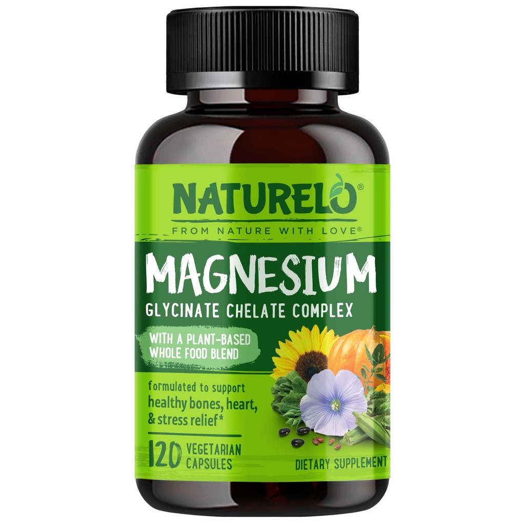NATURELO Magnesium Glycinate Chelate Complex - 200 מ"ג מגנזיום עם ירקות אורגני לתמוך שינה, Calm, כאבי Cramp & Stress הקלה - Gluten Free, non GMO - 120 קפסולות