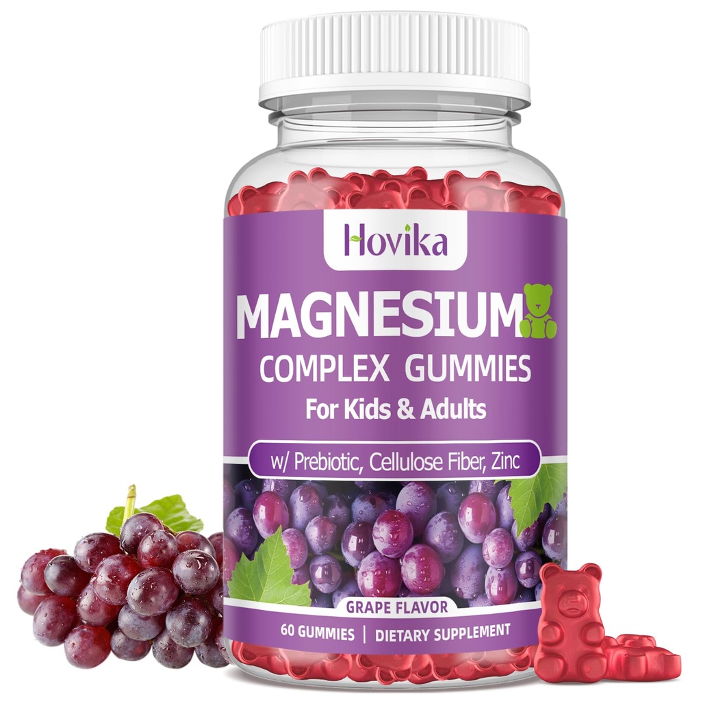 Magnesium Gummies לילדים - Magnesium Glycinate, Citrate, Prebiotic, Zinc - Kids & Adults Magnesium Complex Calm Gummies for Nerve Bone & שריר בריאות עבור ילדים בריאים, Grape Flavor 60 הרוזן