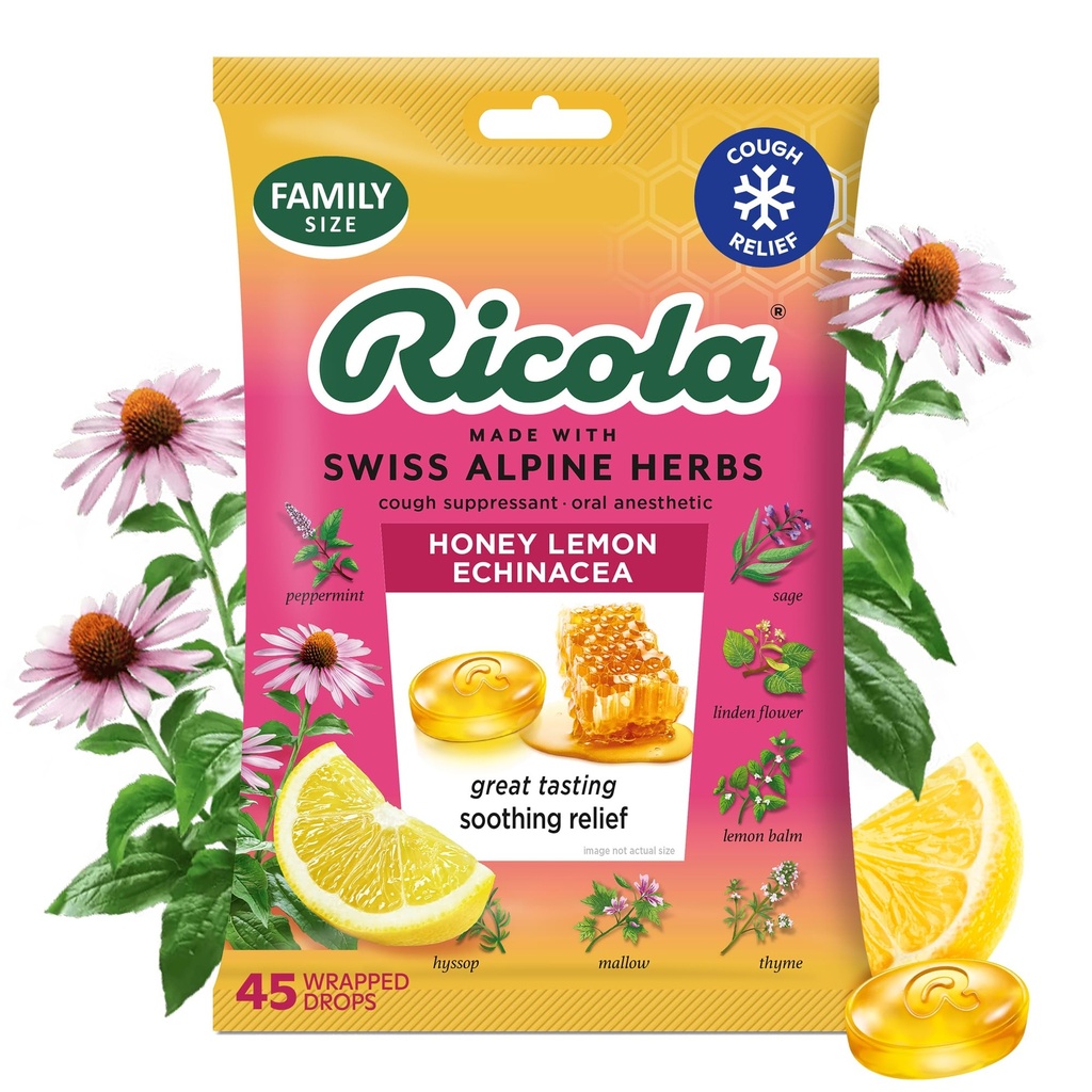 Ricola Honey לימון עם Echinacea Cough Drops, 45 הרוזן, נוחות גרון וטיפול, הרדמה אוראלית, באופן טבעי פלאמור