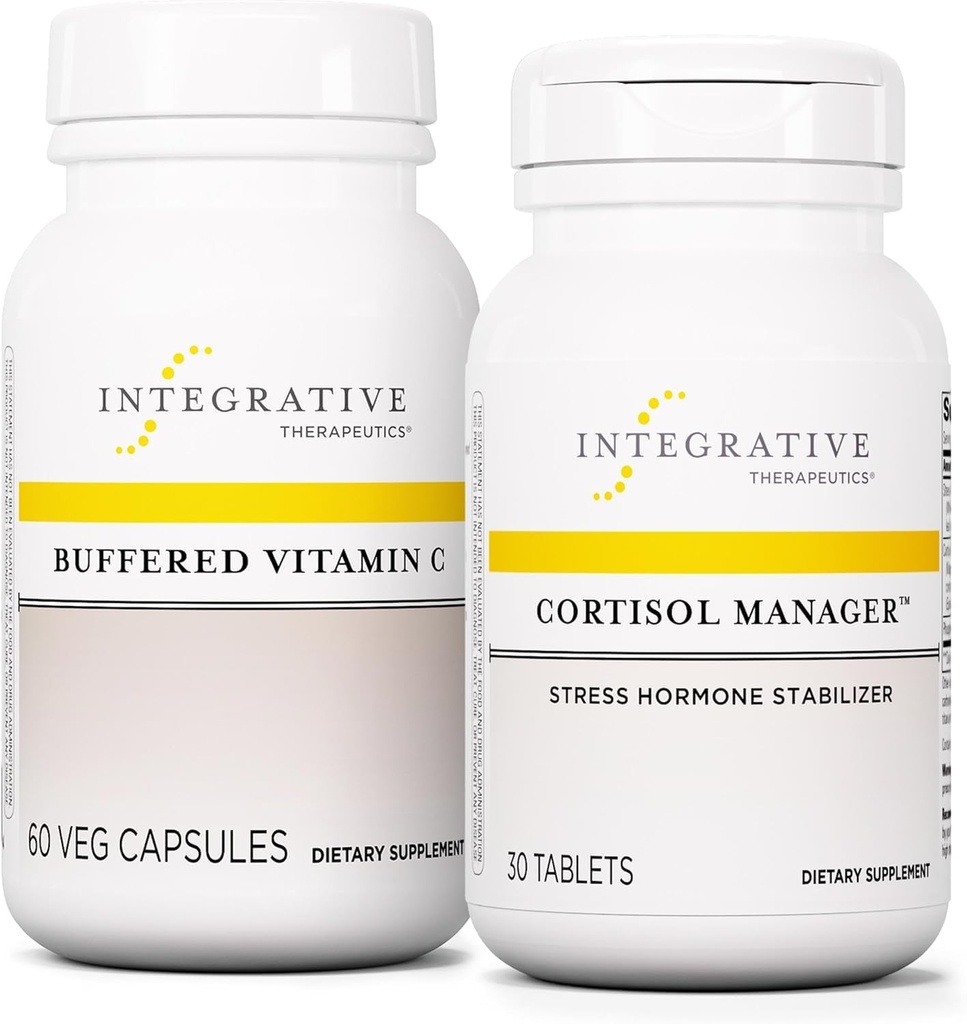 Integrative Therapeutics Bundle עם Cortisol Manager, 30 טבליות - Buffered ויטמין C קפסולות 1000 מ"ג, 60 קפסולות טבעוניות - תוספת מתח עם Ashwagandha * - Immune עם תוספת אנטיoxidants *