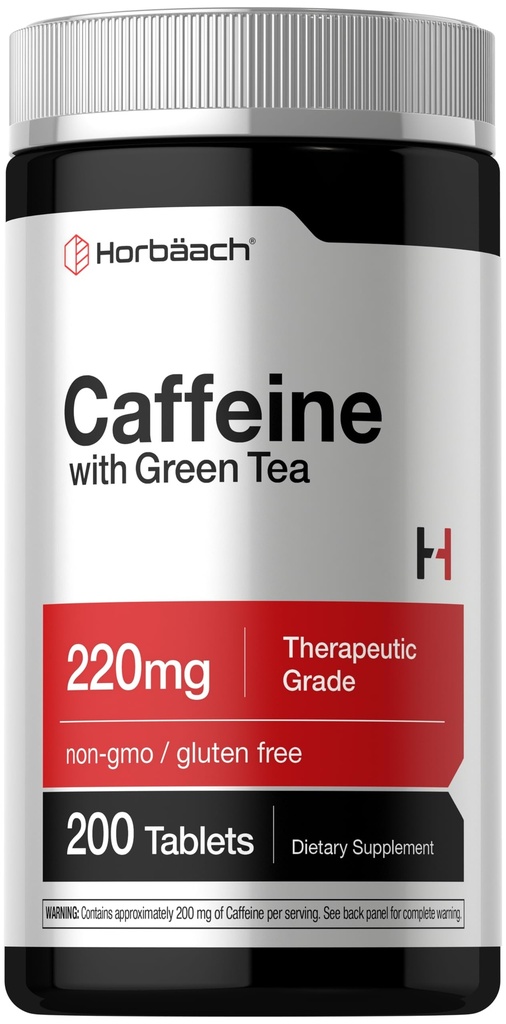 Horbäach Caffeine Pills 200 מ"ג עם תה ירוק | 200 טבליות | Vegetarian, non-GMO & Gluten Free