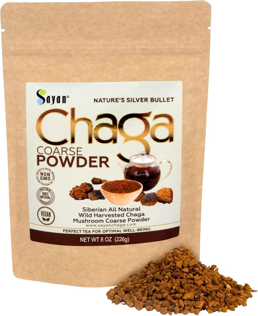 Sayan סיביר Pure Raw Coarse Chaga אבקת 8 Oz / 226g - Premium Wild Forest קציר סופר Antioxidant תה - תמיכה מערכת החיסון ובריאות העיכול - Focus, אנרגיה, קלרנס, בריאות - Non-GMO