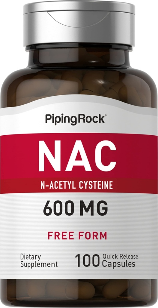 Piping Rock NAC תוסף N-Acetyl Cysteine | 600mg | 100 קפסולות | Free Form Pills | Non-GMO, Gluten Free Supplement