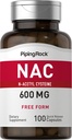 Piping Rock NAC תוסף N-Acetyl Cysteine | 600mg | 100 קפסולות | Free Form Pills | Non-GMO, Gluten Free Supplement