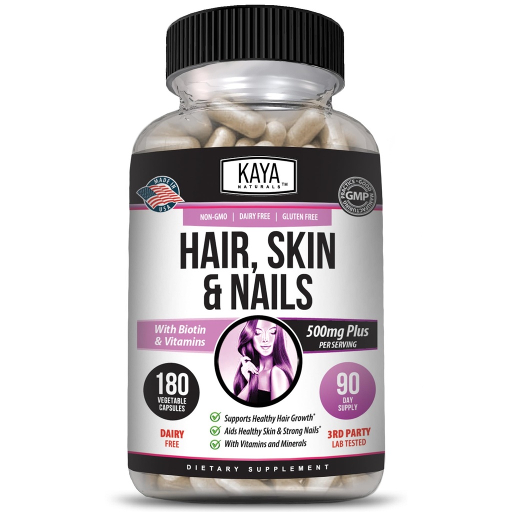 Kaya Naturals Hair Skin Nail קפסולות BIOTIN ויטמין B-12 A Folic Acid תומך, תוספי ויטמין תמיכה לשיער - 180 הרוזן