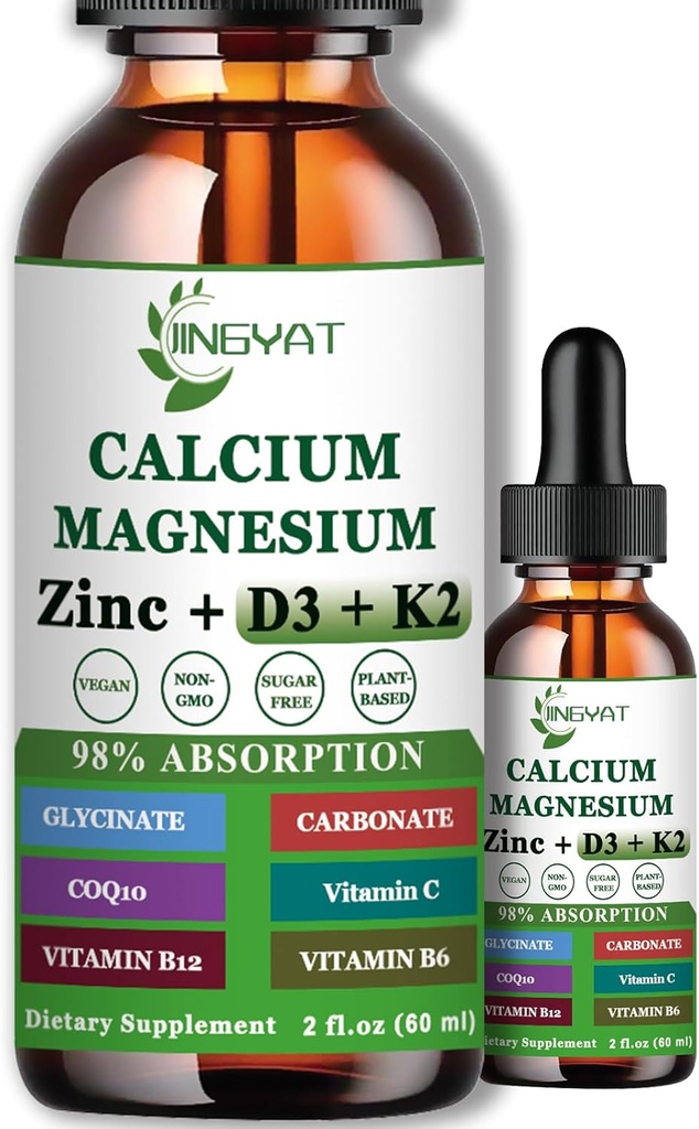 Calcium Magnesium Zinc נוזל טיפות, מגנזיום נוזלי Glycinate 500 מ"ג Calcium 1000 מ"ג עם ויטמין D3,K2,B6,B12,Coq10 עבור כוח העצם, תפקוד שרירים,6X חזק יותר מאשר מסטיקנים קפסולות קפסולות.
