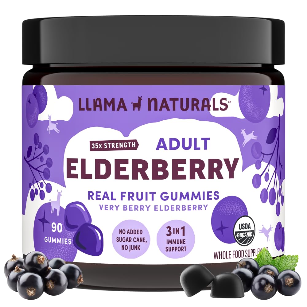 Llama Naturals Elderberry Gummies למבוגרים, טבעוני, אורגני תמיכה תוספת עם ויטמין C ו Zinc, Real פירות Gummy ויטמינים עבור Immunity, Chewable, No added Sugar Cane, 90 Ct