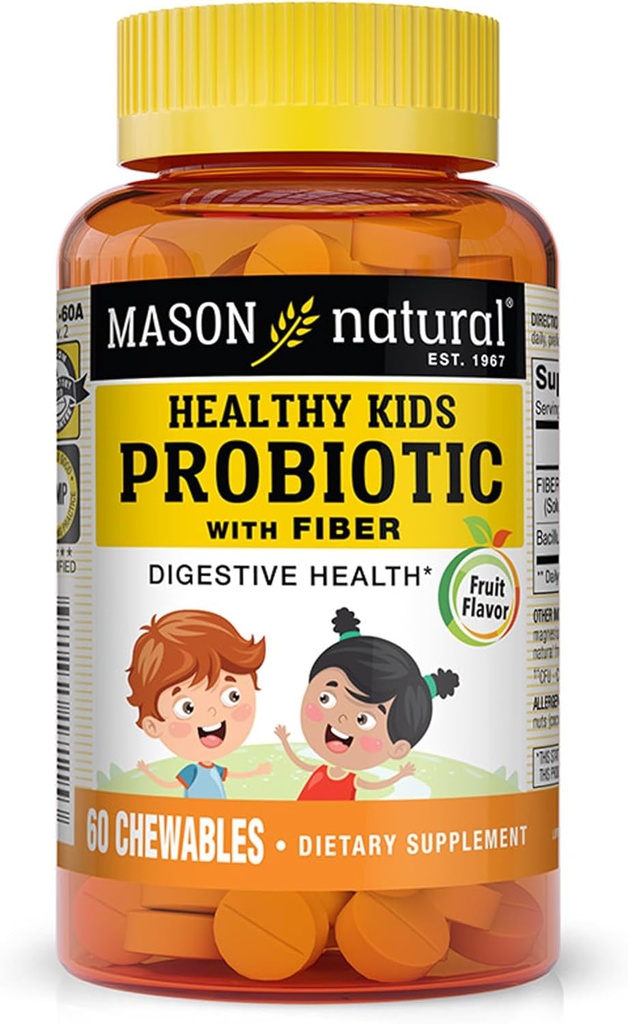 MASON NATURAL בריאות ילדים פרוביוטיים עם סיבים - פונקציונליות בריאה, שיפור בריאות Gut, 60 Chewables