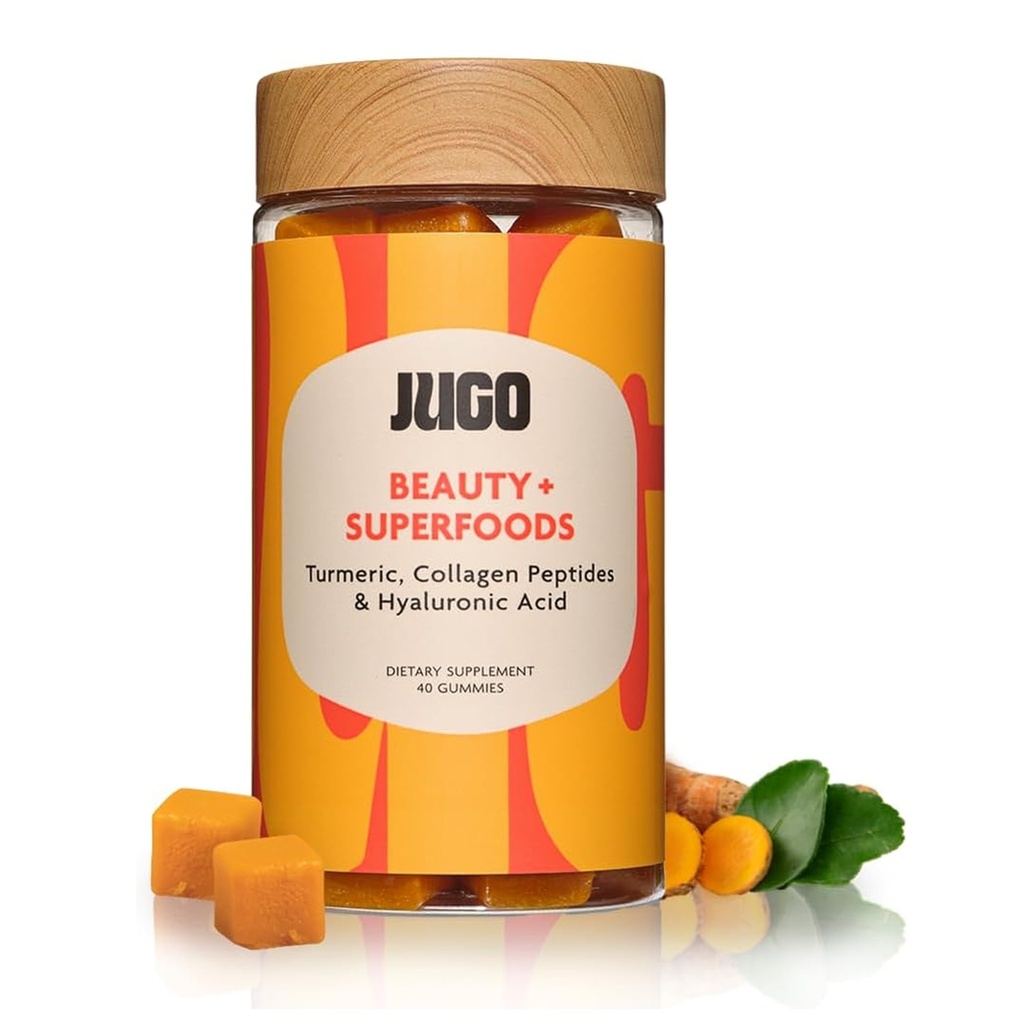JUGO Beauty + SUPERFOODS | Hair Skin Nails תוסף עם Hyaluronic Acid & Turmeric | 40 Count Plant- Based Gummies | Gelatin-Free, non- GMO, Made in USA
