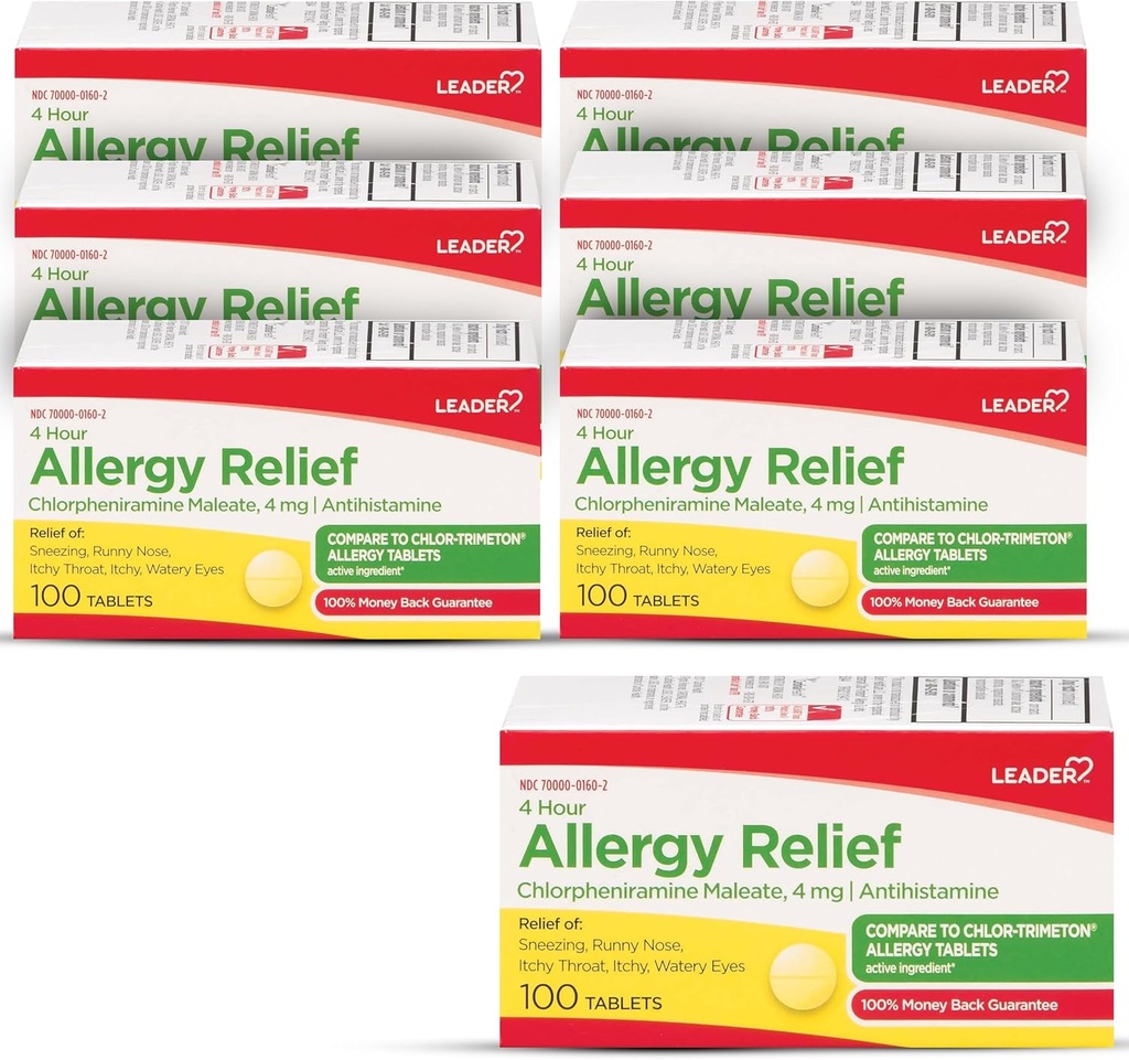 מנהיג 4 Hour Allergy Relief, Chlorpheniramine Maleate Tablet, Antihistamine, 4 מ"ג, 100 Count (Pack of 6)