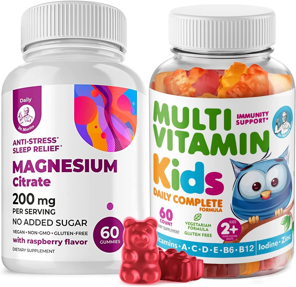 ילדים Multivitamin Gummies 14 ויטמינים חיוניים ומגנזיום מסטיקמי סוכר חינם - ויטמין A,C,D,E Vegetarian B6 & B12, Zinc,Biotin עם סוכר חינם Magnesium Calm Chews לילדים & Ads