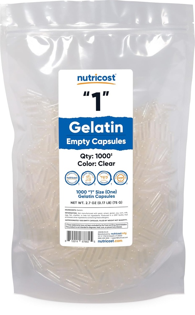 קפסולות ריקות זולות Gelatin Size 1-1000 Clear "1" גל קפסולות - כשר, non-GMO, Soy Free, Gluten Free