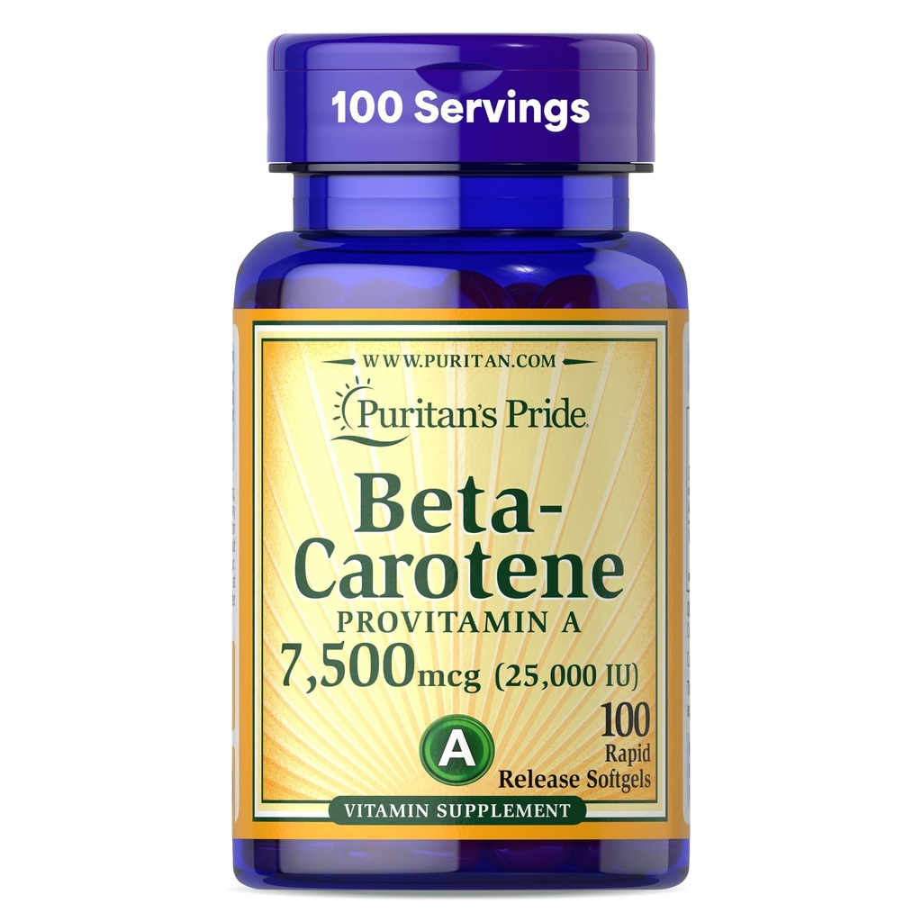 גאווה של Puritan Beta Carotene Provitamin A 7,500mcg (25,000 IU), תוסף ויטמין עבור Immune System, Antioxidant ו- Eye Health Support, 100 יום אספקה, 100 Softgels שחרור מהיר