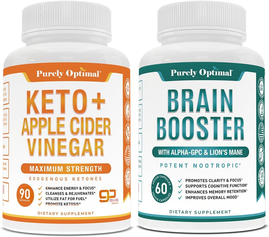 Purely Optimal Premium Keto Pills + Apple Cider Vinegar קפסולות עם אמא + Premium Brain תוסף - Nootropic Brain Booster for Focus, Clarity, שיפור זיכרון, ריכוז ו Better Mood