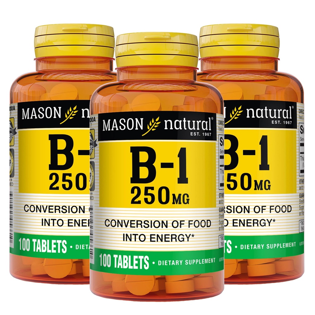 MASON NATURAL ויטמין B1 Thiamine 250 מ"ג, 300, יום אספקה, תוספת תזונתית לתמיכה ברמת אנרגיה טבעית, 100 טבליות (Pack of 3)