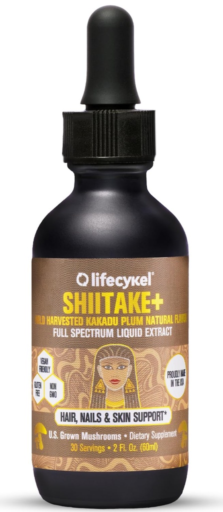 Lifecykel - Shiitake Mushroom Extract with Kakadu Plum- Hair, Skin & Nail Support, Anti Aging תוסף 100% אורגני Mushrooms, Immune Boosting, ויטמין C מיוצר בארה"ב - 2 Fl oz(Packaging May Vary)
