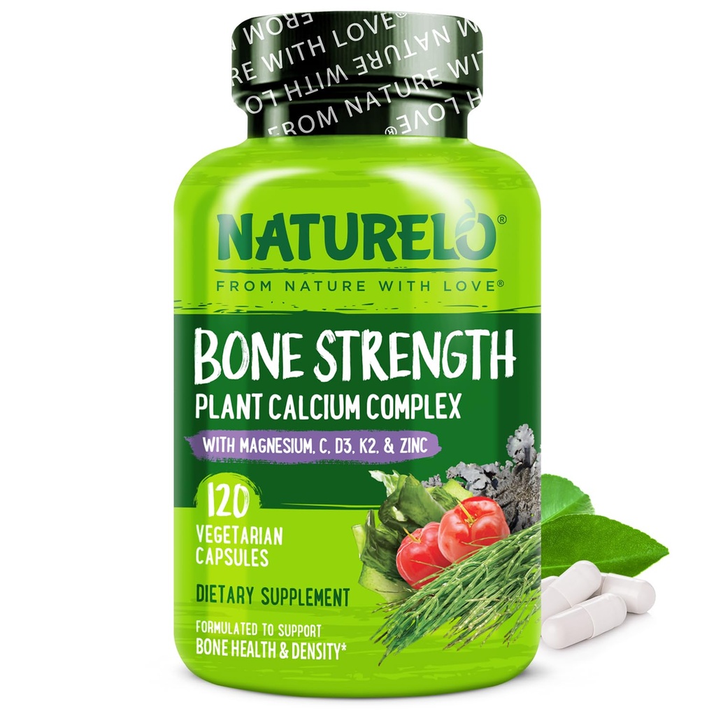 תוסף NATURELO Calcium - עם ויטמין C, ויטמין D3, K2, ו Calcium Magnesium Zinc עבור כוח העצם עם Calcium 600 מ"ג - מבוסס צמחים, 120 קפסולות צמחוניות, non-GMO, Soy & Gluten-Free-Free-Free-Free-Free-Free-Free-Free-Free-Free-Soy