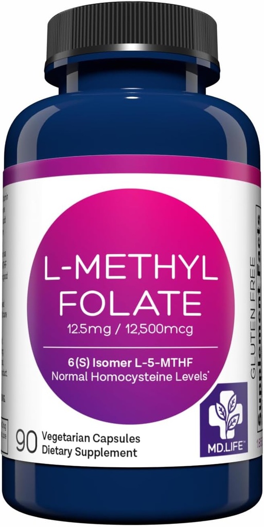 MD Life L Methylfolate 12.5 מ"ג - Professional-Grade Active Methylfolate תוסף - מקסימום עוצמה MTHFR L methylfolate 12.5mg 90 קפסולות - Essential Amino Acids