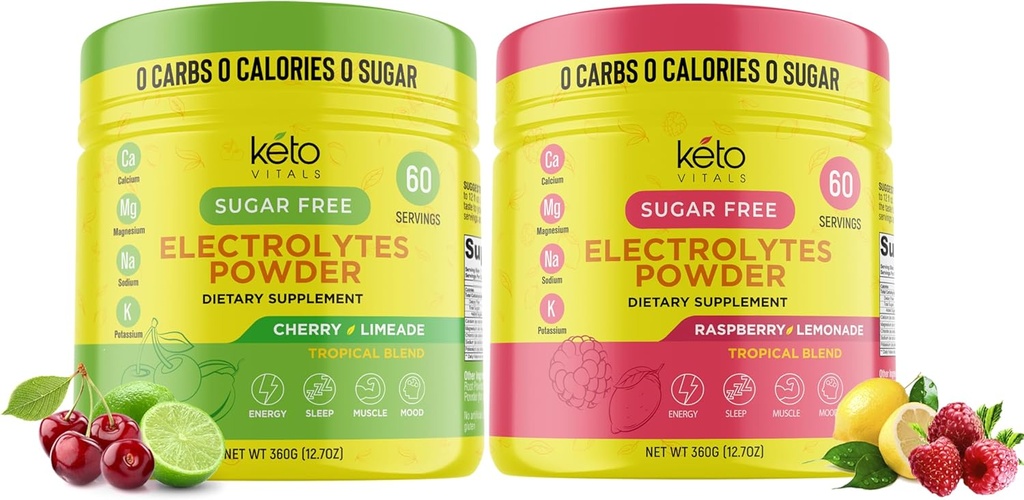 Keto Vitals Cherry Limeade Bundle עם Raspberryade - 2 Pack Bundle Keto אלקטרוליט אבקת - אלקטרוליטים עם Potassium, Magnesium, Sodium, Calcium - Cherry Limeade & Raspberryade לימון